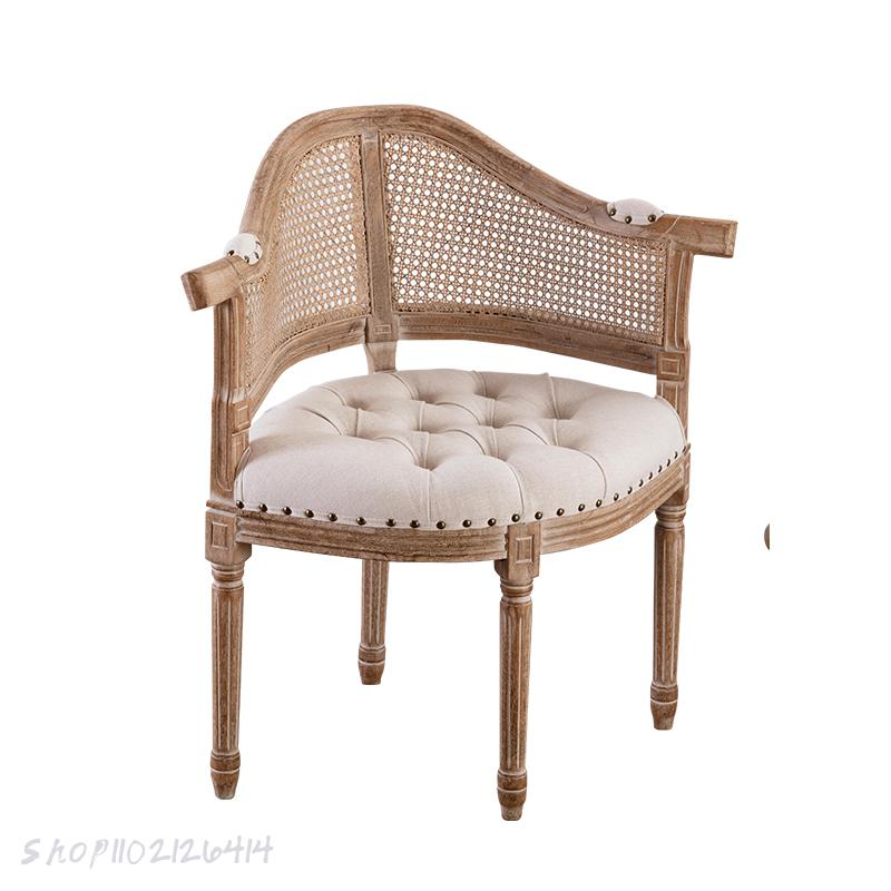 American country solid wood cowhide retro dining chair shootingarmrests cafe French rattan chair to make old princess